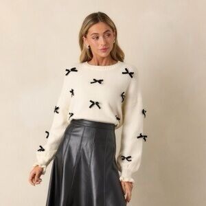 Women's Cream Sweater with Black Bow Accents